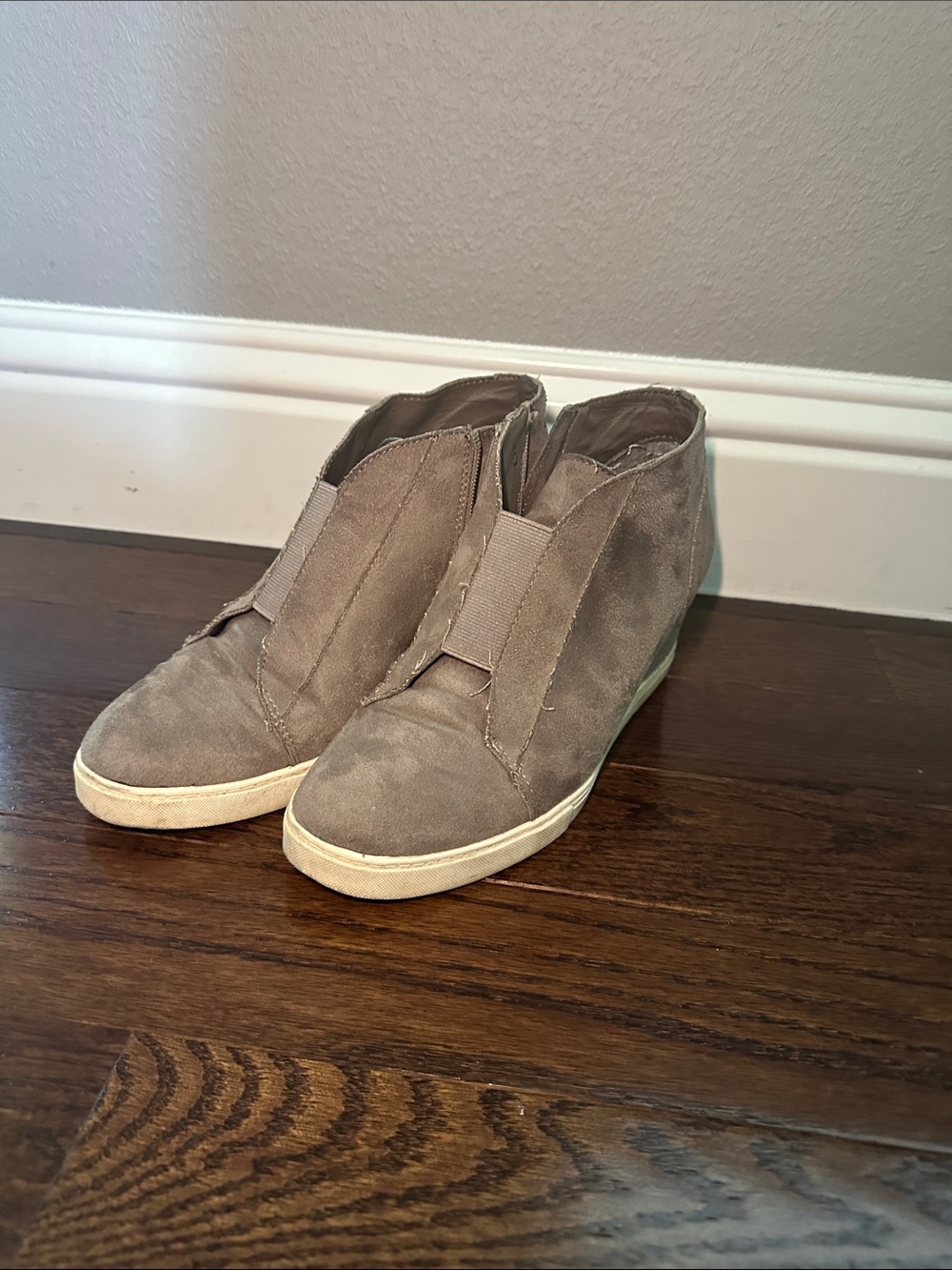 Soda Taupe Suede Wedge Ankle Booties